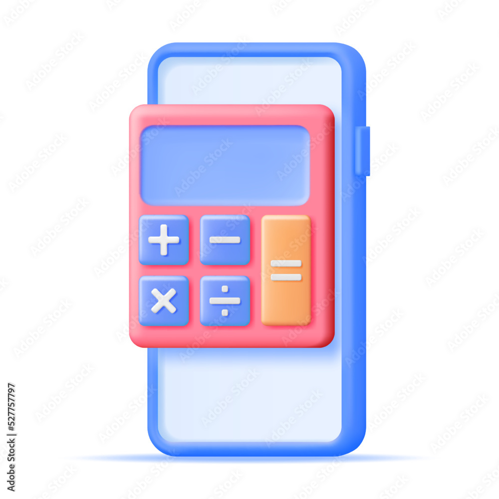 Poster 3d calculator app on smartphone screen isolated. mobile phone with calculator application on touchsc