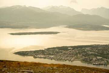 landscape view of the city of Tromso at sunset