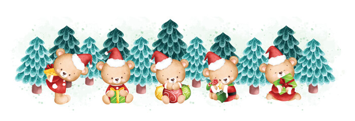 Watercolor Illustration Christmas banner Cute Teddy bears and Christmas tree