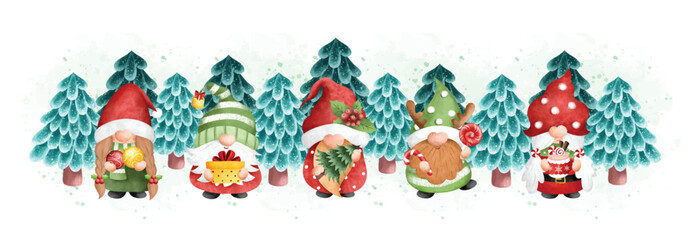 Watercolor Illustration Christmas banner Gnome and Christmas tree