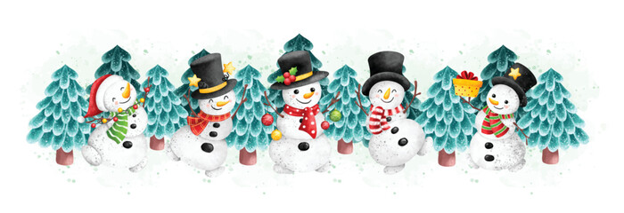 Watercolor Illustration Christmas banner Snowman and Christmas tree 