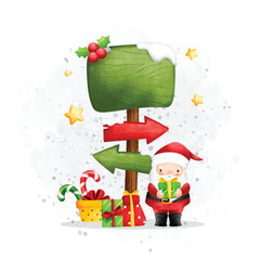 Watercolor Illustration Santa Claus and Christmas direction sign board