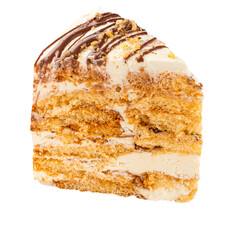 Isolated slice of turtle cake with chocolate syrup