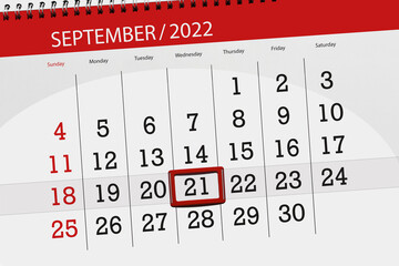 Calendar planner for the month september 2022, deadline day, 21, wednesday - obrazy, fototapety, plakaty