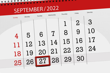 Calendar planner for the month september 2022, deadline day, 27, tuesday - obrazy, fototapety, plakaty