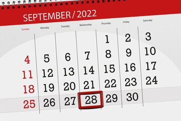 Calendar planner for the month september 2022, deadline day, 28, wednesday - obrazy, fototapety, plakaty