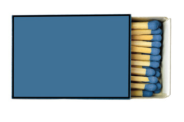 horizontal blue matchbox with matches on a white background - Powered by Adobe