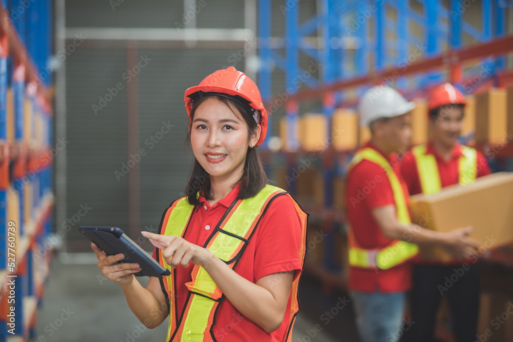 Wall mural Logistics warehouse industrial worker young commercial portrait delivery helmet. Career Inventory Manager Indoor Person Jobs Industry Security Business