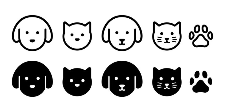 猫と犬と肉球のシンプルなベクターアイコンイラスト素材白黒セット
