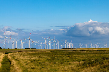 Wind farm with many wind turbines on the horizon