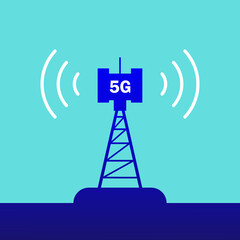 Broadcasting, transmission and distribution of internet signal from 5G antenna, communications tower, transmitter and satellite. Vector illustration