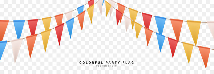 Orange, yellow, red, white, blue, Colorful flag party decoration element on transparent background, 3D Vector illustration © Pure Stock