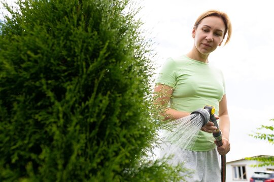 young woman gardener takes care of the lawn by watering it with water from a hose