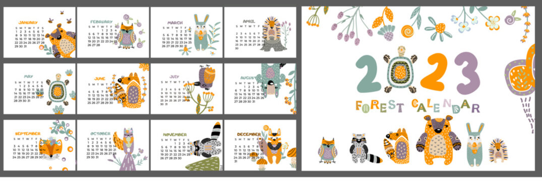 Calendar for 2023 forest and animals in scandinavian style