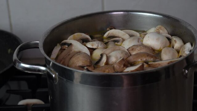 Stirring boiling  mushroom soup in a pan