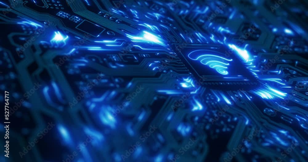Aufkleber Futuristic wifi, big data or information technology with a blue dark cyberpunk, security or scifi background. Network internet transfer for future IT cloud computing, ai or digital coding system tech