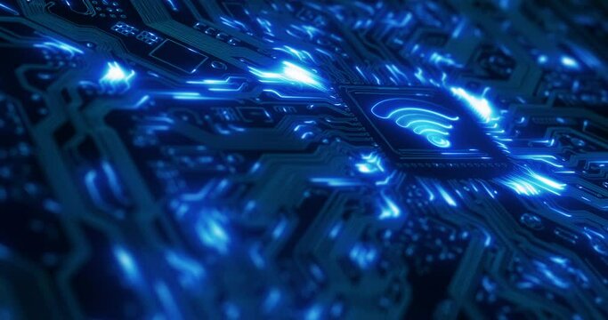 Futuristic wifi, big data or information technology with a blue dark cyberpunk, security or scifi background. Network internet transfer for future IT cloud computing, ai or digital coding system tech