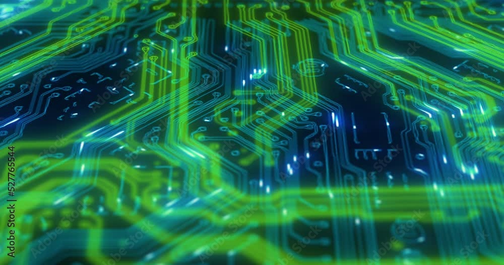 Poster Circuit board, 3D light design and pattern of futuristic cyber security or digital programming for software data. Abstract zoom of networking, big data code or cybersecurity background texture for ai