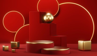 3D rendering of blank product background for cream cosmetics Modern red podium background