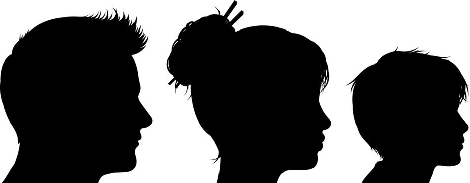 Family of silhouettes. Heads of child, woman and man with face in silhouette profile.