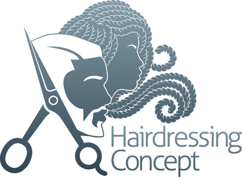 Hairdresser or hair salon concept icon with silhouette black man and woman and hairdressers scissors