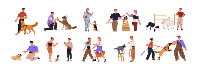 Dog trainers set. Pet owners, sitters training obedience, teaching commands with canine animals, playing with agile obedient puppies. Flat graphic vector illustration isolated on white background