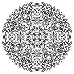 Circular pattern in form of mandala for Henna, Mehndi, tattoo, decoration. Decorative ornament in ethnic oriental style. Coloring book page.