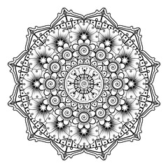 Circular pattern in form of mandala for Henna, Mehndi, tattoo, decoration. Decorative ornament in ethnic oriental style. Coloring book page.