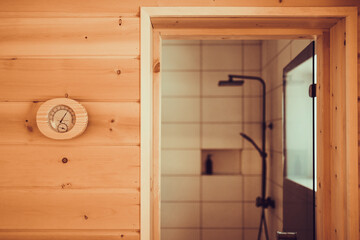 Sauna. Wooden Finnish sauna, empty steam room
