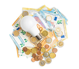 Light bulb and euro money isolated on white background. Concept of increasing electricity prices.