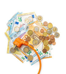 Electric plug and euro money isolated on white background. Concept of increasing electricity prices.
