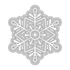 Winter coloring book page for adult. Decorative openwork snowflake. Black and white vector illustration