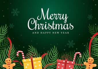 Merry Christmas and Happy New Year Template Hand Drawn Cartoon Flat Background Illustration with Snowflakes, Bells, Tree, Gift and Decorations Design