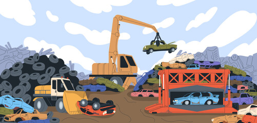 Old cars pile at junkyard. Auto dump scrap junk yard with broken automobiles. Utilization transport grabbing crushed rusty vehicle trash for dismantling, sorting at scrapyard. Flat vector illustration - obrazy, fototapety, plakaty