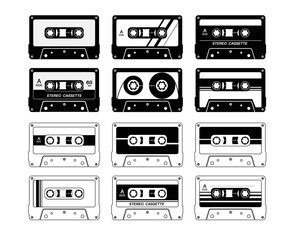 Collection of retro cassette tapes, vintage cassette tape vector illustration