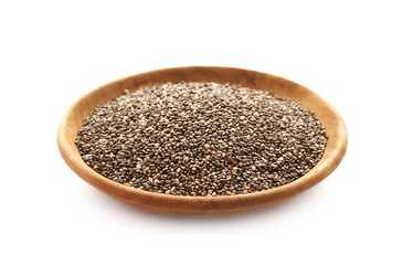 chia seed in wood plate isolated on white background. heap of chia seed in wooden bowl isolated on white background. pile of chia seed isolated on white background