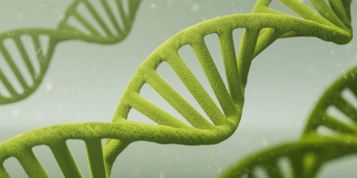 Concept of biology or ecology with green DNA helix gene or genetic molecule on blue background. 3d illustration