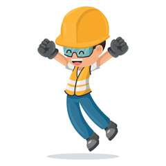 Industrial construction worker jumping happily in his personal protective equipment. Industrial safety and occupational health at work