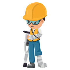 Injured industrial construction worker with bandages and plaster after a workplace accident. Industrial safety and occupational health at work