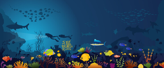 Underwater nature and marine wildlife.  of tropical fishes and coral reef on a blue sea background. Vector  © Background_GG