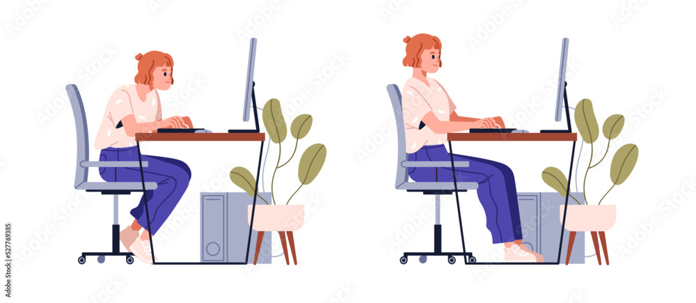 Poster Correct good position vs bad incorrect posture for sitting at computer desk. Right and wrong back and neck poses of woman at workplace. Flat graphic vector illustration isolated on white background