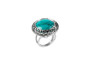 Silver jewelry ring with chrysocolla isolated on white background. - 527769348