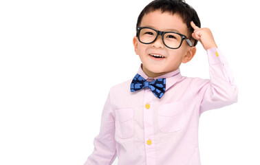 Smart kid standing over white background and  pointing to head with one finger