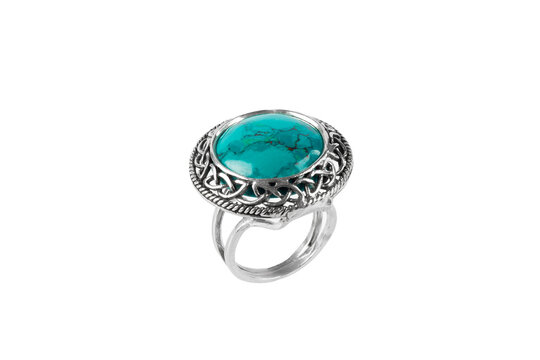 Silver jewelry ring with chrysocolla isolated on white background.