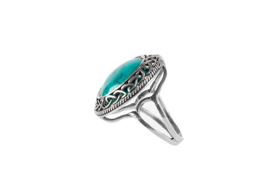 Silver jewelry ring with chrysocolla isolated on white background.