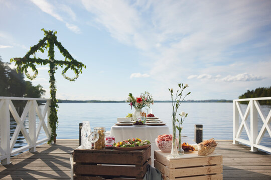 Table and food at lake