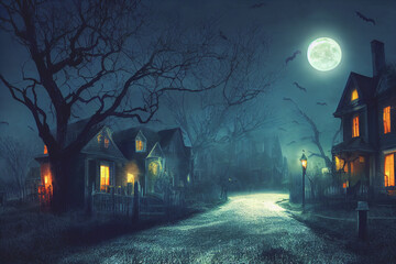3D illustration of a Halloween concept background of realistic horror house and creepy street with moonlight. - obrazy, fototapety, plakaty