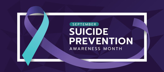 Suicide prevention awareness month text in white frame with suicide awareness prevention ribbon roll around on dark purple background vector design - obrazy, fototapety, plakaty
