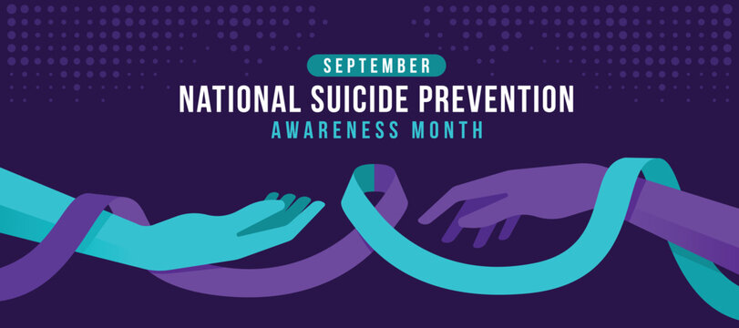 National suicide prevention awareness month - two hand with suicide awareness prevention ribbon roll around on dark purple background vector design