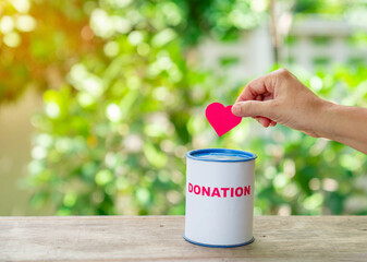 Hand putting a heart in a piggy bank donation.